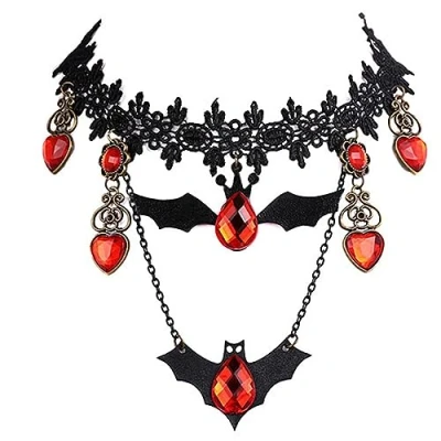 Image of Cubahop Halloween Black Bat Choker Necklaces Earrings Gothic Red Genstone Collar Necklace Pendant Chain Jewelry for Women and Girls (Necklace)