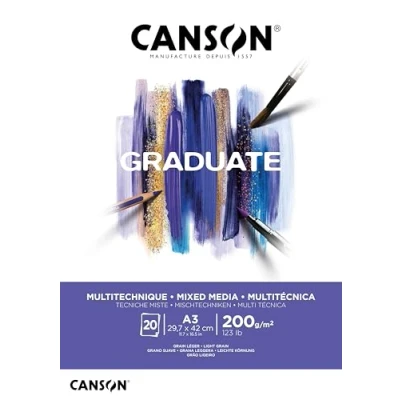 Image of CANSON Graduate Mixed Media 220gsm A3 Paper, Light Grain, Pad Glued Short Side, 20 Bright White Sheets, Ideal for Student Artists