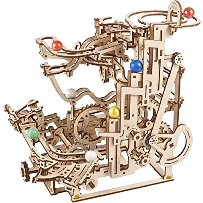 Image of UGEARS Wooden Marble Run Track 3D Puzzle Runs with 10 Coloured Marbles, Sandpaper and Wax Maze Race Puzzles Model Kits Self Assembly for Adults
