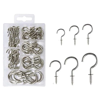 Image of 90 Pcs Screw in Hooks, Cup Hooks 6 Sizes for Hanging Mug Ceiling Kit Kitchen Garden