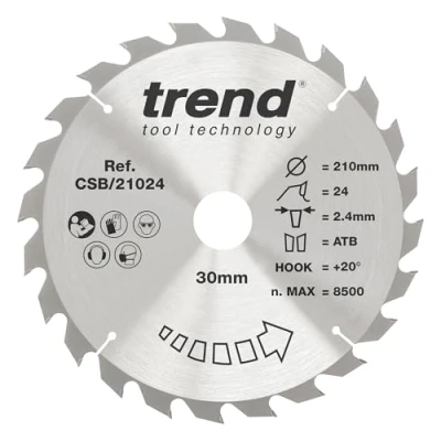 Image of Trend Wood Circular Saw Blade, 210mm Diameter, 30mm Bore, 24 Teeth, TCT, 2.4mm Kerf, +15 Hook, CSB/21024