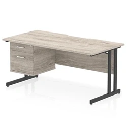Image of Impulse 1600 x 800mm Scalloped Edge Office Desk Grey Oak Top Black Cantilever Leg Workstation 1 2 Drawer Fixed Pedestal