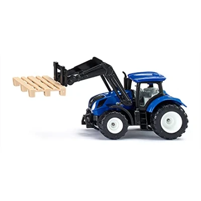 Image of siku 1544, New Holland Tractor with Pallet Fork and Pallet, Metal/Plastic, Blue, Toy for Children, Movable Front Loader