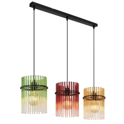 Image of Gorley Bar Pendant Ceiling Light Matt Black Rods Multicolour Glass Shade 3x E27