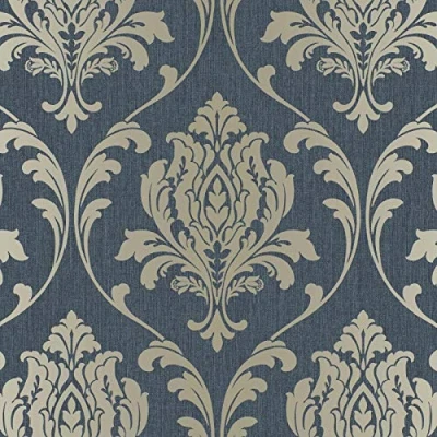Image of Highgrove Damask Duplex Wallpaper Navy/Gold Rasch 274997