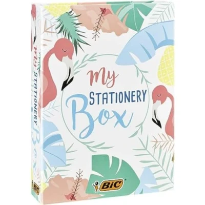 Image of BIC My Stationery Box, 4 Highlighter Grip Pens, 6 Cristal Colouring 10 Intensity Felt Tip 5 Fine Point Permanent Markers, 1 Tipp Ex Correction Tape, Notebook, 2 Sticky Notes, School Supplies, 28 Pack