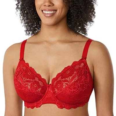 Image of Delimira Women&#039;s Full Coverage Non Foam Floral Lace Plus Size Underwired Bra Lipstick Red 34H