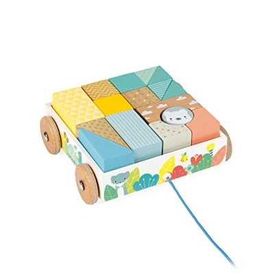 Image of Janod Pure Wooden Pull Along Blocks Cart Early Learning Toy 16 Included Motor Skills Training Water Based Paint from 18 Months Old, J05152