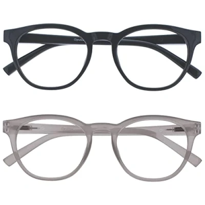 Image of OPULIZE Blu Reading Glasses with Blue Light Blocking 2 Pack Cool Round Frame Spring Hinges Improve Sleep Computer Gaming Anti Reflective Grey Ice Mens Womens BB5 7C +3.00