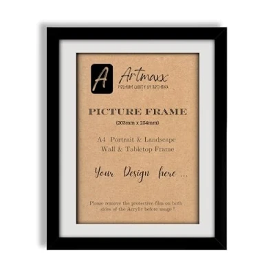 Image of Artmaxx 8x10 Black Photo Frame, for Table Top or Wall Mount, Transparent, Non breaking Acrylic Glass Front, Solid Wood