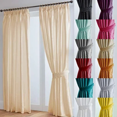 Image of John Aird Luxury Faux Silk Fully Lined Pencil Pleat Curtains With Matching Tie Backs (Cream, 117cm Width x 183cm Drop (46&quot;x 72&quot;)