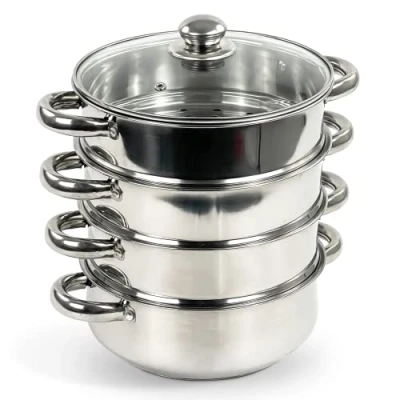 Image of Induction Hob Stainless Steel 3 &amp; 4 Tier Steamer Cooking Cookware Pot Pan with Glass Lid by Crystals® (4 24cm)