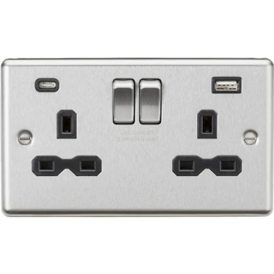 Image of KnightsBridge 13A 2G SP Raised Round Edge Switched Socket with Dual USB C+A Brushed Chrome, Black Insert