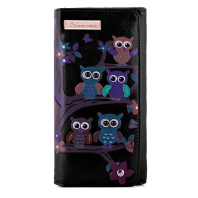 Image of kukubird Owl Family Tree Large Wallet PU Leather Bifold Card Holder with Zipper Coin Pocket Purse Black