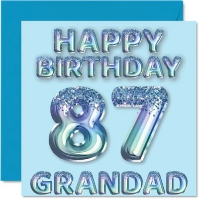 Image of 87th Birthday Card for Grandad Blue Glitter Party Balloons Happy Cards 87 Year Old from Grandson Granddaughter, 145mm x Bday Greeting Gift