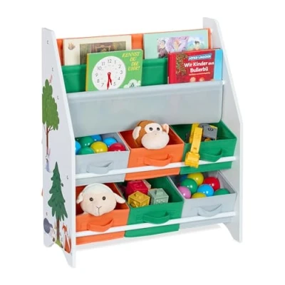 Image of Relaxdays Children&#039;s 6 Storage Boxes &amp; 2 Hanging Compartments, HWD: 74 x 62.5 31 cm, Toy Shelf, Colourful, Iron
