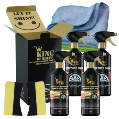Image of King of Sheen Advanced Ultra Nano Waterless Wash and Wax &amp; Eco Tyre Shine Kit. 2 x 500ml Nano, Plus Dressing Sponge Microfiber Cloths