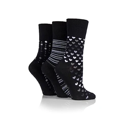 Image of Gentle Grip SOCKSHOP Ladies Soft Top Patterned and Striped Breathable Bamboo Socks in a Multipack of 3 Mono 4 8 Black SOLRM