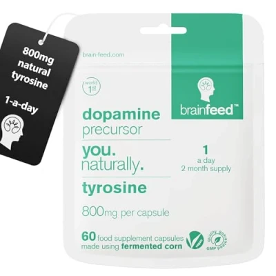 Image of Natural L tyrosine Supplement 800mg High Strength Nootropic Dopamine 60 Capsules 1 per Day Mood Booster Focus, Energy, Alertness &amp; Motivation Vegan