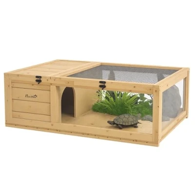 Image of PawHut Tortoise House w/ Mesh Roof, Small Pet Reptile Wooden Yellow