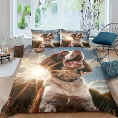 Image of Springer Spaniel Bedding Single Duvet Cover Set 3D 3 Pieces Quilt Cute Dog Bedroom with Pillowcase,for Teens And Adults Double（200x200cm）