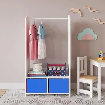 Image of URBNLIVING Kids MDF Wooden Hanging Clothes Rail Wardrobe Storage Shelves with Inserts Mirror Freestanding (Dark Blue)