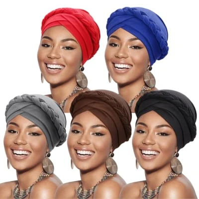 Image of DRESHOW Women Turban Pre Tied Twisted Braid Hair Cover Wrap Hat African Beanie Headwraps Chemo Cancer Cap