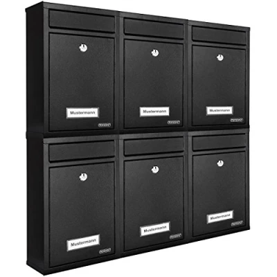 Image of MONZANA® 6x Lockable Letter Boxes Including 2 Keys Wall Mounted Mailbox Set Weatherproof Galvanised Steel With Name Plates Modern Design Post Box System Metal Black