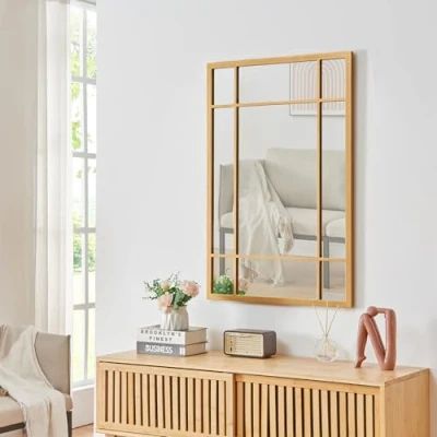 Image of [en.casa] wall mirror Colobraro window rectangular 90 x 60 cm golden frame vertical horizontal look with fixing hooks bedroom hallway decoration