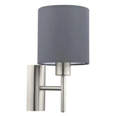 Image of Eglo Pasteri Textile Wall Light, Matt Nickel Steel and Grey Fabric Lamp, E27 Socket, Incl. Switch
