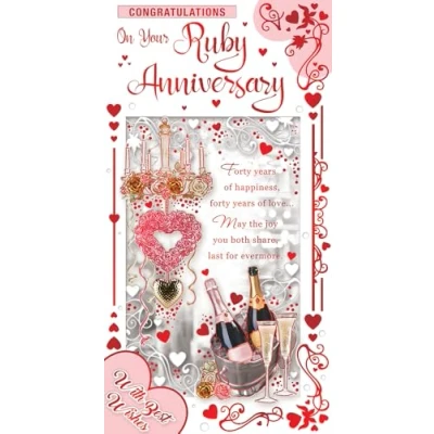 Image of Ruby 40th Wedding Anniversary Card Champagne and Hearts with Red Foil 9x4.75&quot;