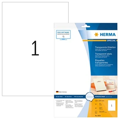 Image of HERMA Self Adhesive Clear Film Inkjet Labels, 1 Label per A4 Sheet, 10 Sheets, 210 x 297 mm, Blank Weatherproof Labels Stickers, Sticky for Printer, Transparent