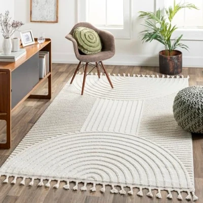 Image of Livabliss Jakarta Geometric Rug Scandi Area Rugs Living Room 160x213 cm, Dining, Kitchen Neutral, Abstract Patterned Rugs, Boho Style, Easy Care Pile Large Rug, Cream and Ivory
