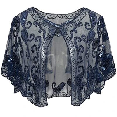 Image of ArtiDeco Women&#039;s 1920s Shawl Sequin Beaded Art Deco Evening Cape Vintage Wraps (Blue), Free, Blue