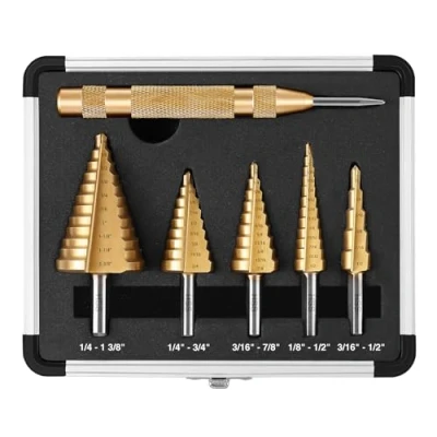 Image of DOVAMAN 5PCS Step Drill Bit Set, 50 Sizes HSS Bits, Titanium Coated, Automatic Center Punch, 118 X Shaped Split Tip, w/Aluminum Case, Bits for Metal, Wood &amp; Plastic STD06A
