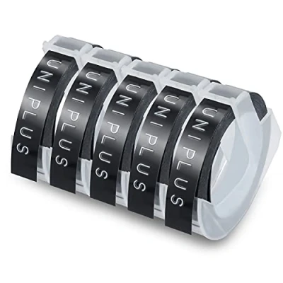 Image of UniPlus Compatible Dymo Label Tape Replacement for 9mm Embossing Omega S0717930 Junior S0717900 Black 3D Plastic Self Adhesive Office MateII E 101 202 303, 5 Roll