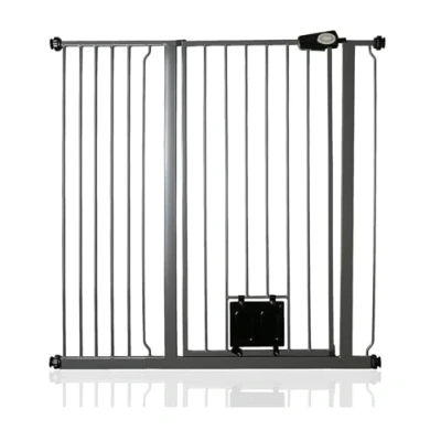 Image of Bettacare Pet Gate with Lockable Cat Flap, 107.4cm 115cm, Slate Grey, 104cm in Height, Extra Tall Dog Safety Barrier Easy Installation