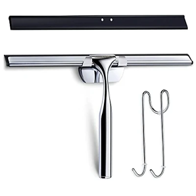Image of Love KANKEI Shower Squeegee Stainless Steel Wiper Scraper with Replacement Rubber Blade and Hanging Hooks for Bathroom, Window, Car Mirror more