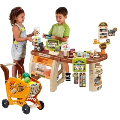 Image of Coo11 Kids Interactive Pretend Play Supermarket Playset for with Lights &amp; Sound Grocery Shop Set Cash Register Scanner Food Gift Boys and Girls (65 Pcs Set)