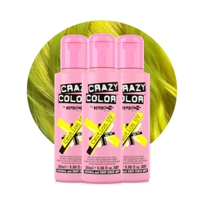 Image of Crazy Color Caution UV Semi Permanent Trio Hair Dye. Highly Pigmented Neon Yellow Conditioning &amp; Oil Nourishing Vegan Formula No Bleach or Ammonia 300ml