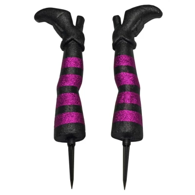 Image of Cackle &amp; Co Witch Legs Halloween Decoration Purple Black Glitter Garden Stakes 45cm