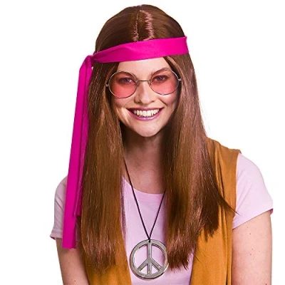 Image of Wicked Costumes Adult Long Brown Woodstock Hippie Fancy Dress Set (Wig, Glasses, Headband &amp; Medallion)