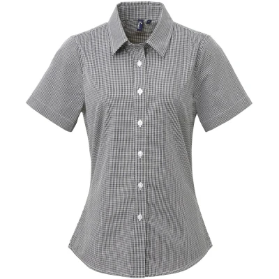Image of Premier Womens/Ladies Microcheck Short Sleeve Cotton Shirt (Black/White) Size Large