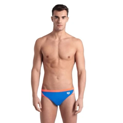 Image of ARENA Men&#039;s Icons Solid Swim Briefs, Blue River/Bright Coral, 40