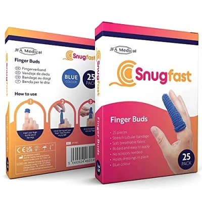 Image of Pack of 25 Snugfast Blue Finger Cots Buddies Tubular Bandage Dressings
