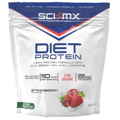 Image of SCI MX Diet Whey Protein Powder Shake + Vitamins &amp; Green Tea, CLA L Carnitine Strawberry Low Sugar 22g 110 Calories per Serving 800g