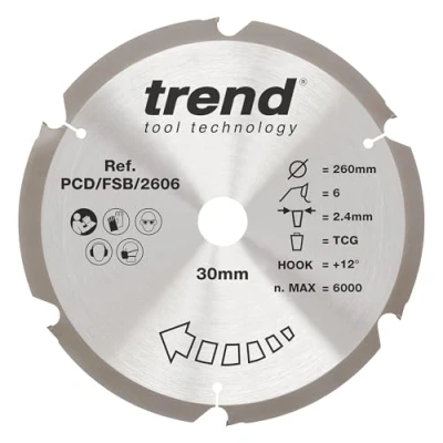 Image of Trend PCD Fibre Cement Circular Saw Blade, 260mm Diameter, 30mm Bore, 6 Teeth, 2.4mm Kerf, +12 Hook, PCD, Coarse Finish, PCD/FSB/2606