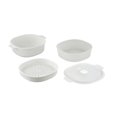 Image of CARE + PROTECT Microwave Vegetable Steamer With Two Trays, Large 4L, Steam Release Vent, Ideal for Cooking, Serve and Store, BPA Free, Dishwasher Safe, White
