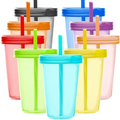 Image of Youngever 9 Sets 500ML Plastic Cups with Lids and Straws, Reusable Straws in Assorted Colors