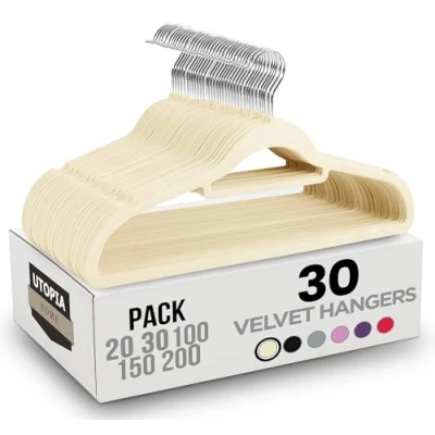 Image of Utopia Home Premium Velvet Hangers 30 Pack Non Slip Clothes with Tie Bar Ivory Standard 360 Degree Rotatable Hook Heavy Duty Coat